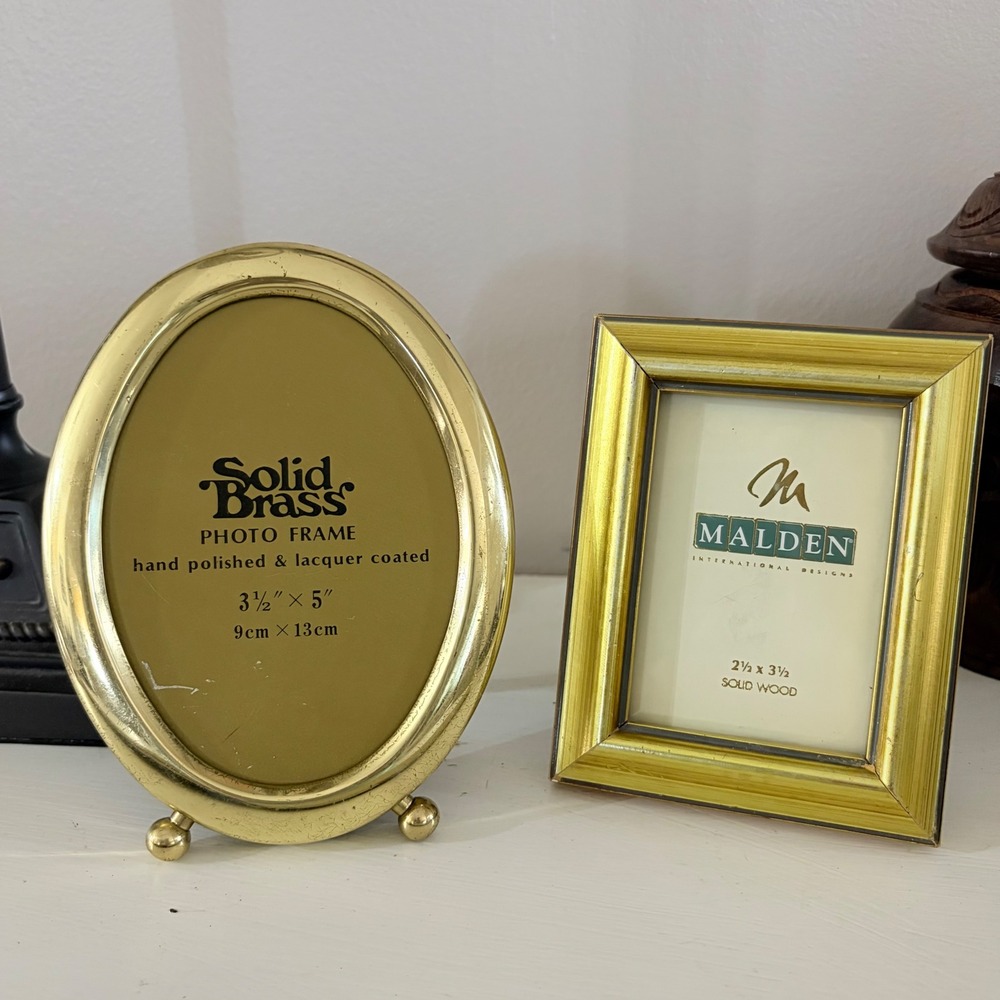 Vintage Picture Frame Set Solid Brass Oval 3.5x5 & Malden Gold Wood 2.5x3.5